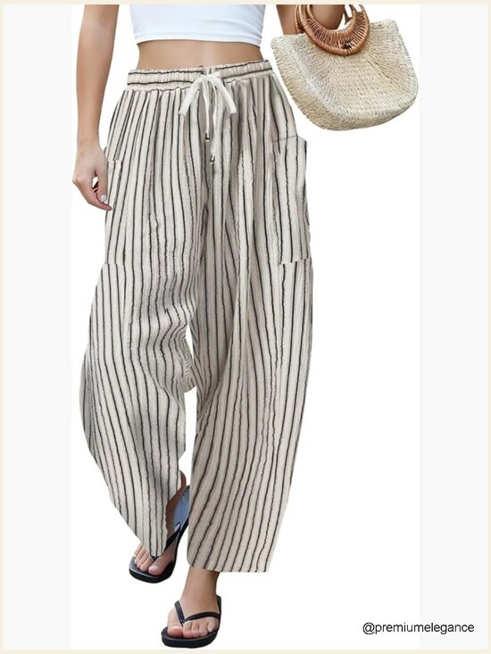 Pants - Wide Leg Linen Palazzo Pants with Pockets Summer Travel